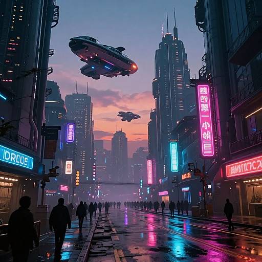 Cyberpunk cityscape at dusk, neon-lit skyscrapers, rain-soaked street, flying saucers, silhouetted pedestrians