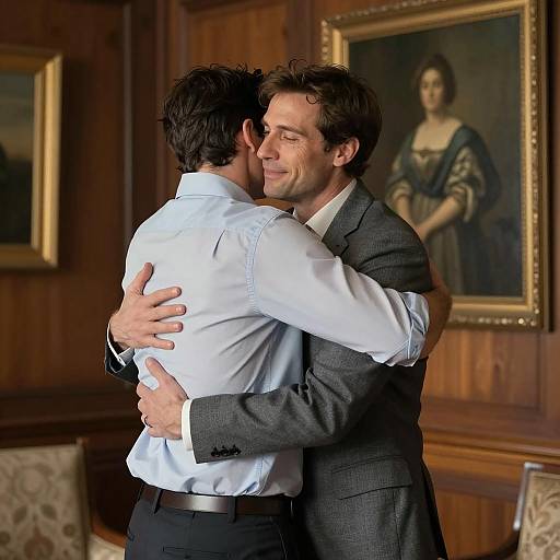 Two Men Embracing in Wood Paneled Room