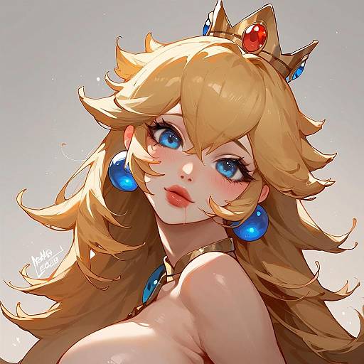 Stylized Portrait of Princess with Crown and Blue Jewelry