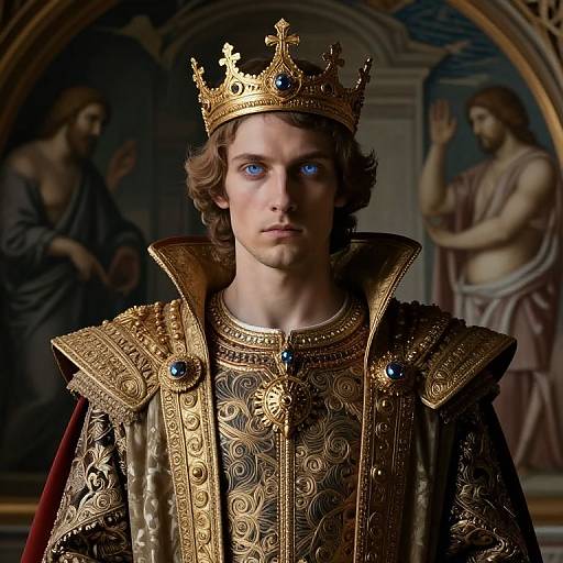 Photorealistic digital art of a young man with blue eyes, wearing a golden crown and ornate royal robes, standing in front of classical paintings of