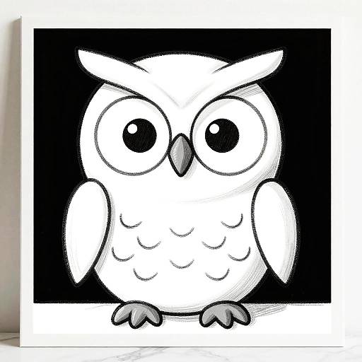 Black and white cartoon drawing of a cute, wide-eyed owl with large round eyes, small beak, and feathered chest, standing on a white