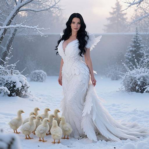 Photograph of a woman with long black hair in a white feathered gown standing in a snow-covered garden with a group of yellow ducklings.