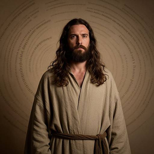 Solemn Man with Swirling Text