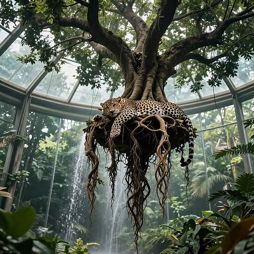 Photograph of a hanging leopard with intricate tree roots, in a lush, glass-enclosed tropical greenhouse with cascading water and dense foliage.