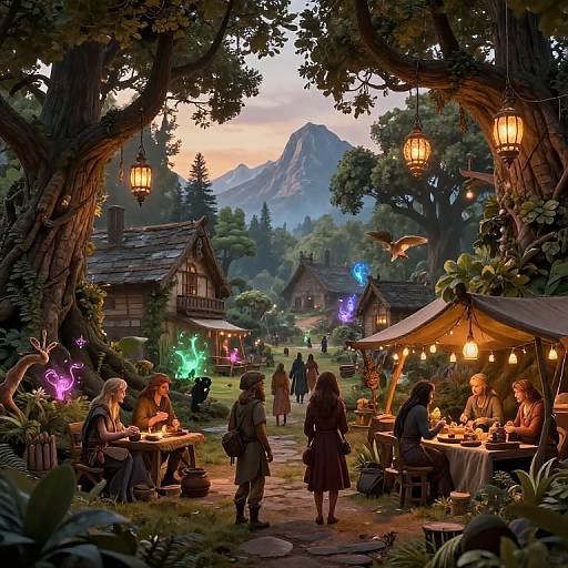 Fantasy village evening scene: enchanted lanterns, glowing mushrooms, medieval cottages, people dining under trees, mountain backdrop, magical forest ambiance. Digital