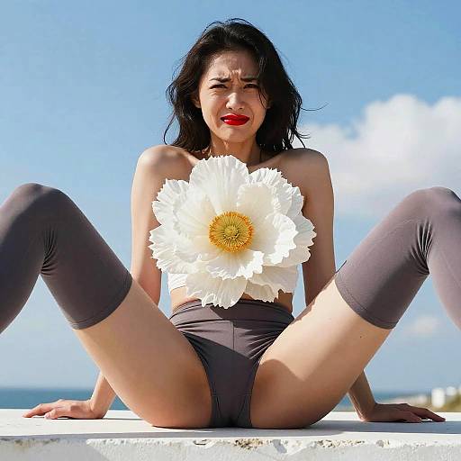 Photograph of an Asian woman with black hair, red lipstick, and gray thigh-high stockings, sitting with legs apart, covering her chest with a white