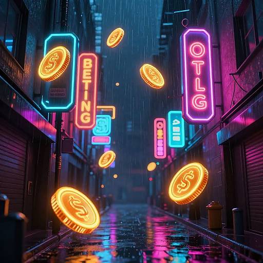 Neon-lit, rain-soaked alley with floating orange dollar signs, vibrant blue and pink signs reading 