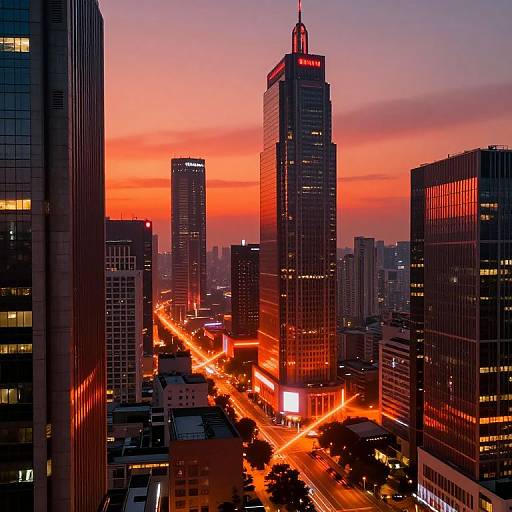 Photograph of a cityscape at sunset, featuring tall skyscrapers with illuminated windows, vibrant red-orange sky, and busy streets with glowing headlights.