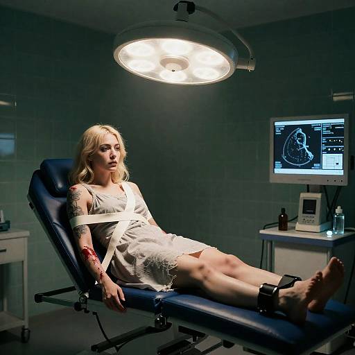 Eerie Medical Scene with Tattooed Woman