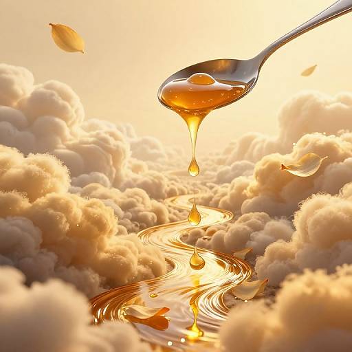 Photorealistic digital art: golden honey drips from a spoon onto a reflective, winding path through fluffy, sunlight-lit clouds.