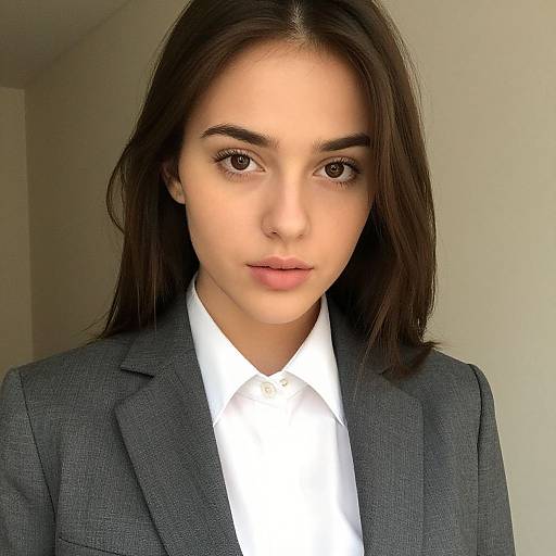 Photograph of a young woman with fair skin, straight dark brown hair, brown eyes, wearing a gray blazer over a white shirt, standing against