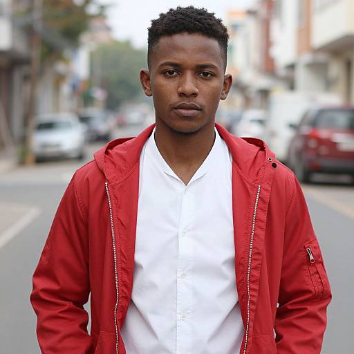 Photograph of a young Black man with short curly hair, wearing a red jacket over a white shirt, standing on a blurred urban street with cars and