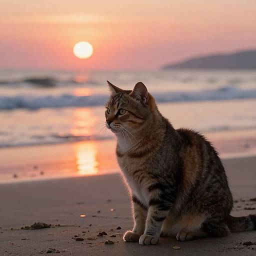 Photograph of a tabby cat sitting on a sandy beach at sunset, with the sun reflected in the ocean waves.