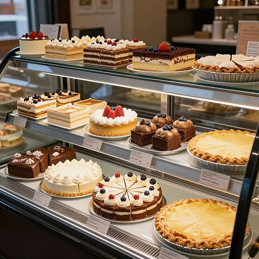 Photograph of a well-lit bakery display case filled with various colorful, decorated cakes, pies, and pastries on three glass shelves.