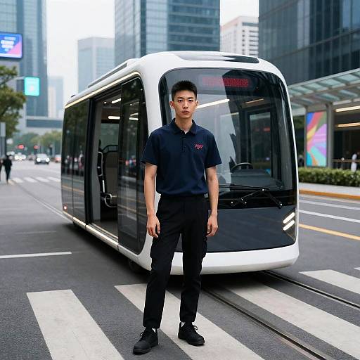 Young Asian Man Standing Beside Futuristic Autonomous Shuttle