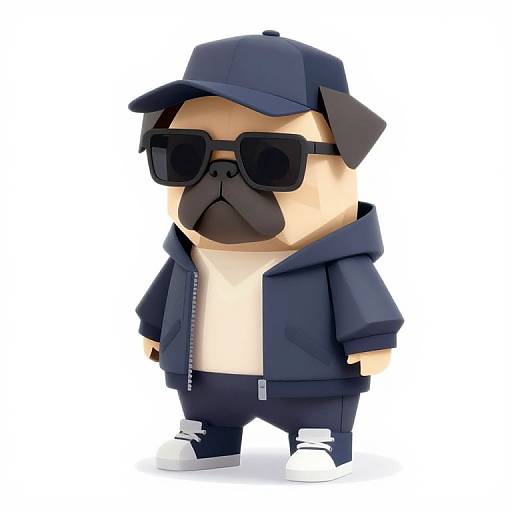 Chibi-style digital drawing of a pug wearing a navy hoodie, black cap, sunglasses, and black pants with white sneakers.