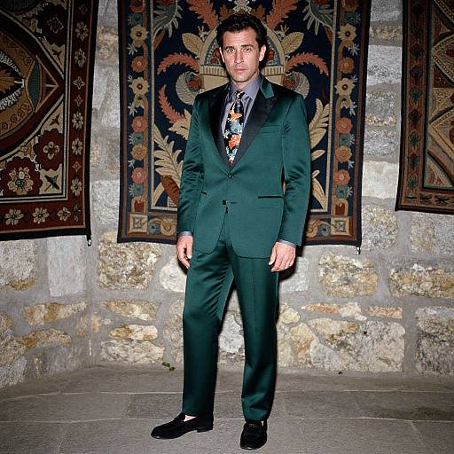 Photograph of a young man in a dark green suit, patterned tie, and black shoes, standing against a stone wall with ornate, pattern