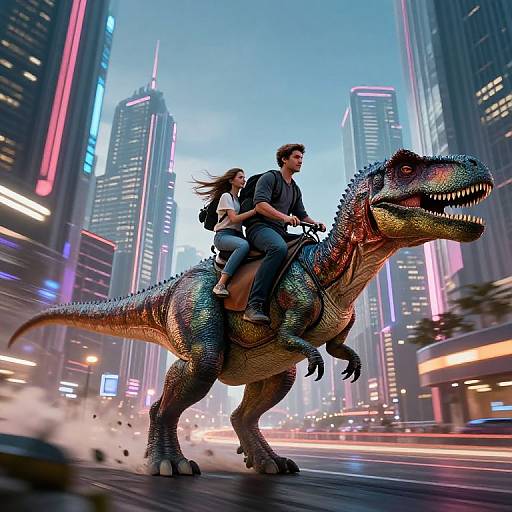 Digital artwork: A man and woman ride a colorful, neon-lit dinosaur through a futuristic, neon-filled cityscape at dawn.