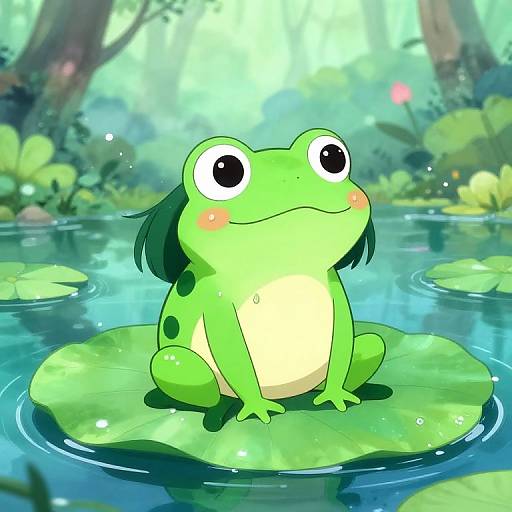 Cute, cartoon-style green frog with big eyes and blushing cheeks sits on a lily pad in a sunlit, colorful forest pond.