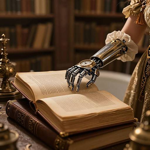 Photograph of a robotic hand with metallic claws opening a vintage book on a wooden table, surrounded by antique lamps and books.