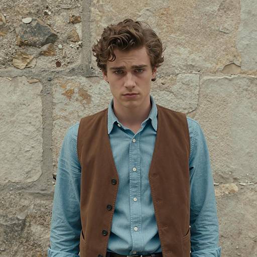 Young man in brown vest standing by stone wall