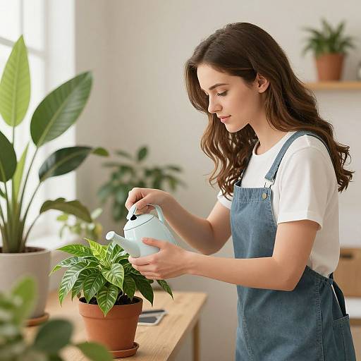 Photograph of a young woman with long brown hair, wearing a white shirt and blue denim apron, watering a potted plant with a light blue