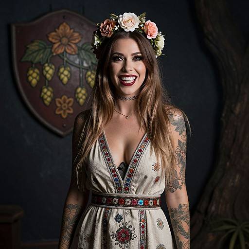 Photograph of a smiling tattooed woman with long brown hair, wearing a floral headband, deep V-neck embroidered dress, and choker, standing