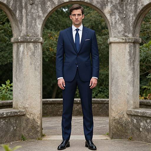 Photograph of a handsome, young Caucasian man with short dark hair, wearing a navy suit, white shirt, and black tie, standing in an ancient
