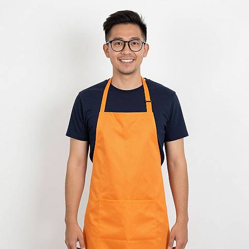 Photograph of a smiling Asian man with short black hair, glasses, black t-shirt, and bright orange apron, standing against a white background.