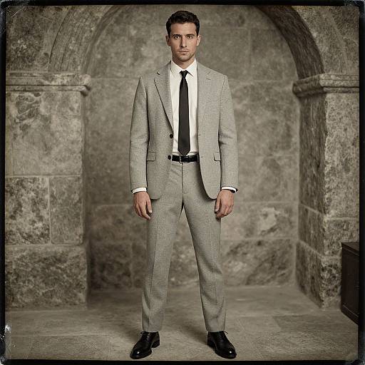 Photograph of a handsome man in a light gray suit, white shirt, black tie, and black shoes, standing in a stone archway.