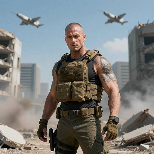 Tactical Warrior in a Ruined Cityscape