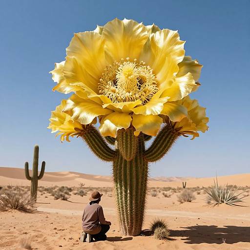 Photograph of a giant desert cactus with enormous yellow sunflowers, under a clear blue sky, with a crouching person wearing a hat in