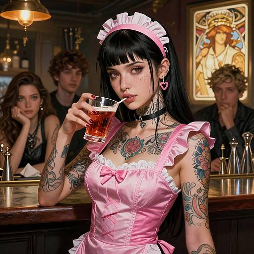 Tattooed woman in pink maid outfit, sipping whiskey, three curious patrons in dim bar, stained glass art in background. Digital art.