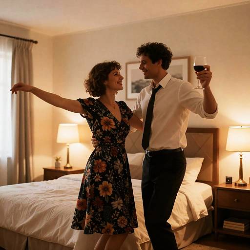 Warm Dance Moment in Cozy Bedroom