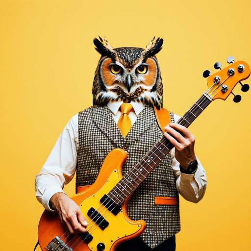 Owl-headed man playing electric bass