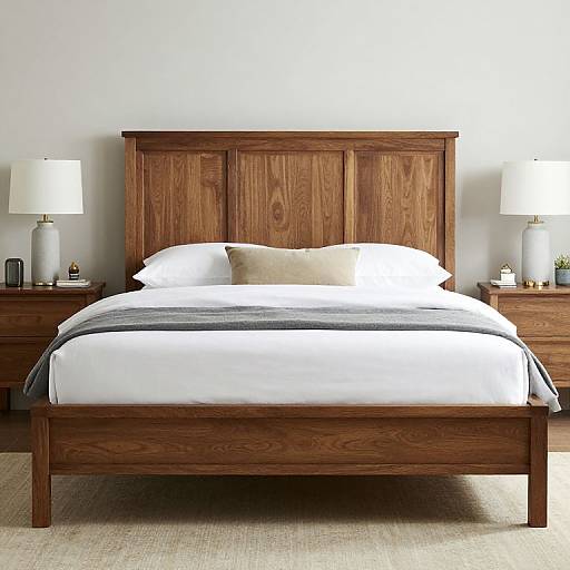 Photograph of a neatly made wooden bed with white sheets, gray blanket, two white lamps on wooden nightstands, and a wooden headboard against a