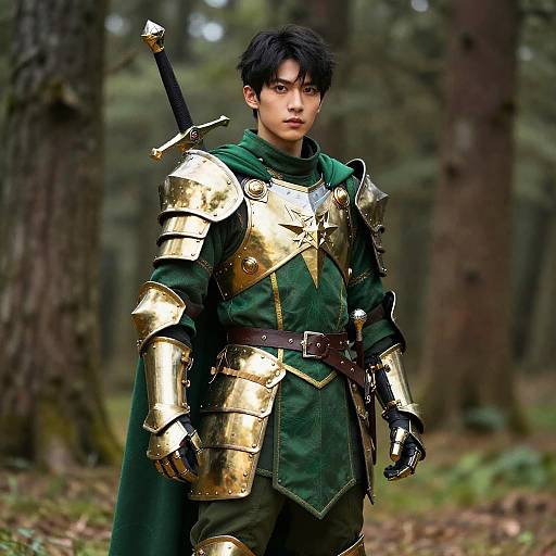Young Asian man in gold armor and green cloak stands in forest, sword on back, serious expression, digital art style.