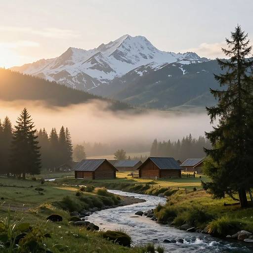 Photograph of a serene mountain landscape with snow-capped peaks, misty valley, wooden cabins, flowing river, and tall pine trees at sunrise.
