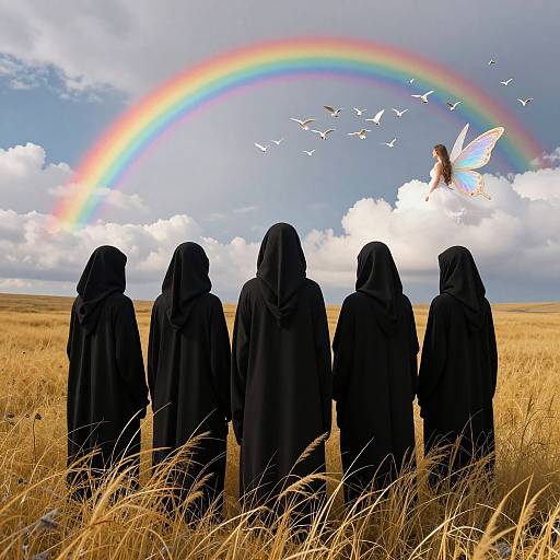 Five cloaked figures stand in a golden field, facing a vibrant rainbow, white angel wings, and flying birds under a cloudy sky.