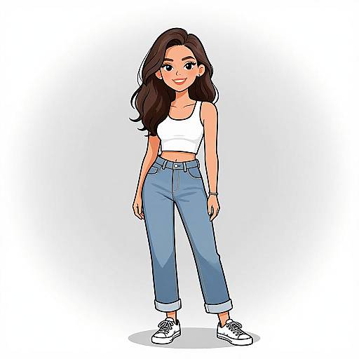 Digital drawing of a cute, young woman with long brown hair, wearing a white crop top, blue high-waisted jeans, and white sneakers,