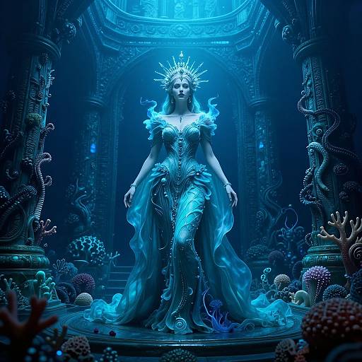 Digital artwork of a glowing blue queen with a radiant crown, wearing an ornate, flowing gown, standing in an underwater temple surrounded by coral and sea