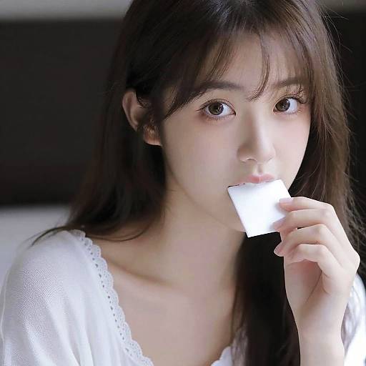 Photograph of an Asian woman with long, dark hair, wearing a white lace-trimmed top, holding a glowing white square near her mouth,