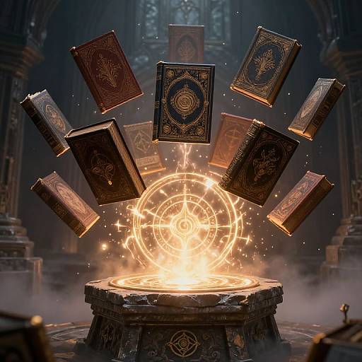 Photorealistic CGI: Magical books with intricate gold designs float around a glowing, circular magical portal on a stone pedestal in a dark, Gothic cathedral.