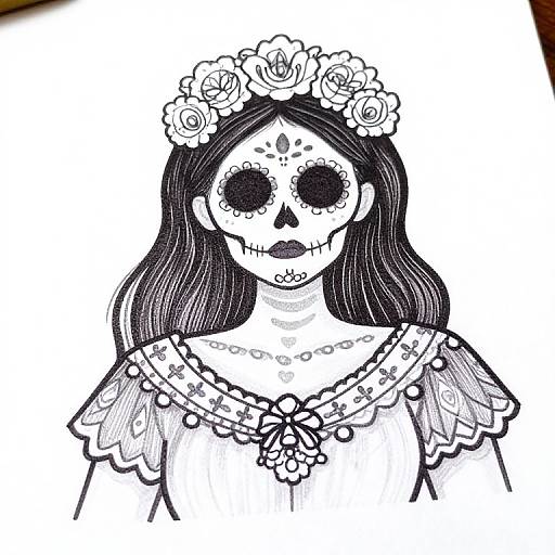 Black and white ink drawing of a female Day of the Dead skeleton with long dark hair, floral crown, and lace dress.