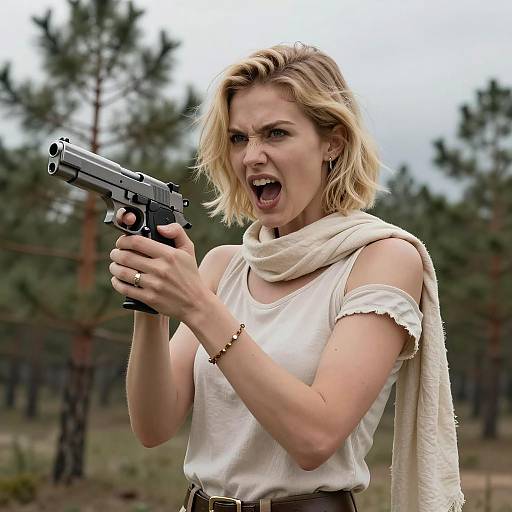 Intense Woman with Handgun in Nature