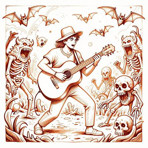 Ink drawing of a musician in a hat playing guitar amidst skeletons, skulls, and bats, with a horror-themed background.