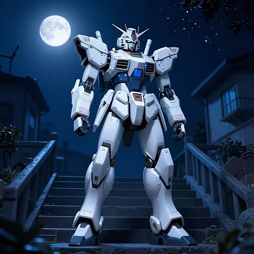 Giant white robotic mecha stands on moonlit suburban staircase, glowing blue chest emblem, full moon in dark blue night sky. Digital art.
