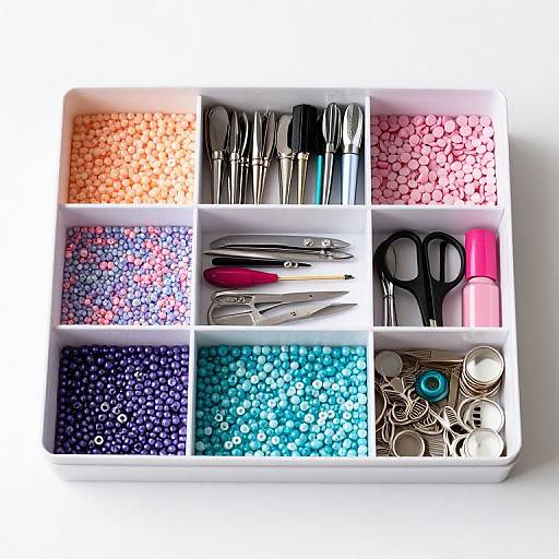 Photograph of a white, grid-patterned storage box with nine compartments, containing various sewing and crafting supplies: needles, scissors, beads, threads,