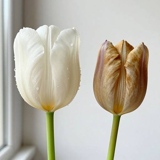Photograph of two tulips: one white with water droplets, the other brown with streaks, against a bright, window-lit background.