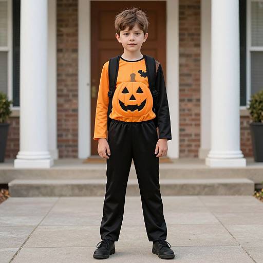 Photograph of a young boy in an orange pumpkin-print shirt, black pants, and backpack, standing on a brick porch with white columns.